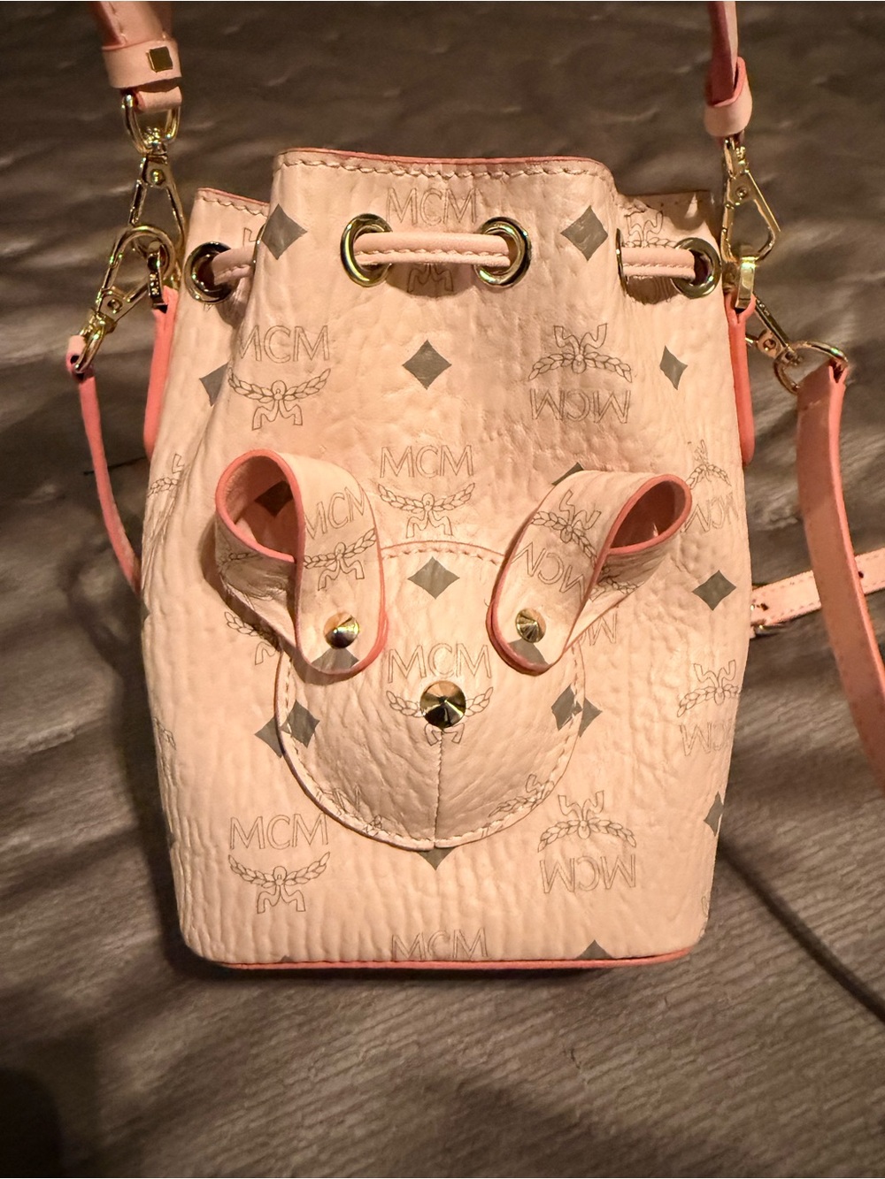 MCM Pink Logo Leather Drawstring Bucket Bag